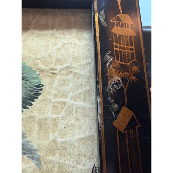 Vintage Asian Art Lacquered Panel Hand-Painted Scene Parrot Butterflies & Grapes - Picture 6 of 10